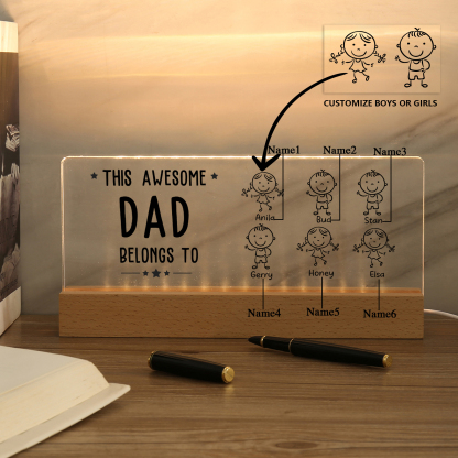 6 Names & Doll Gender - Personalised Lamp -This Awesome Dad  Belongs To - Father's Day Gift for Dad