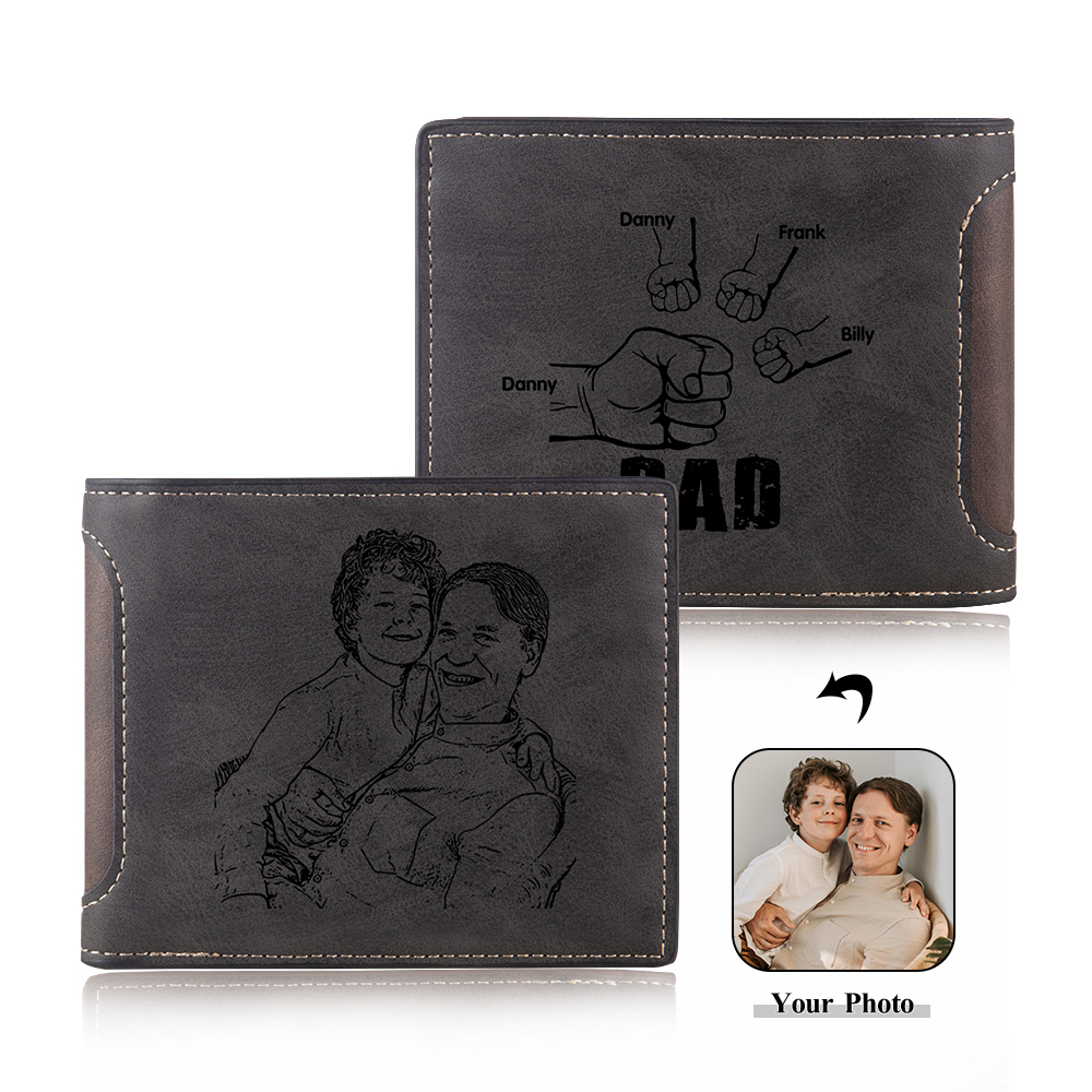 4 Names - Personalised Photo Custom Leather Men's Folding Wallet as a Father's Day Gift for Dad