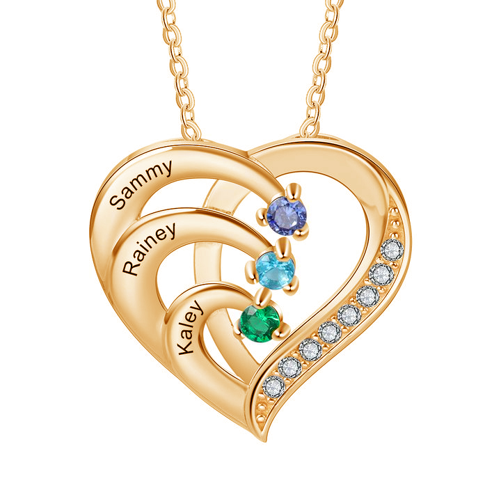 Personalised Mother Necklace 3 Stones Engraved 3 Names Birthstone Intertwined Heart Pendant Gifts for Her