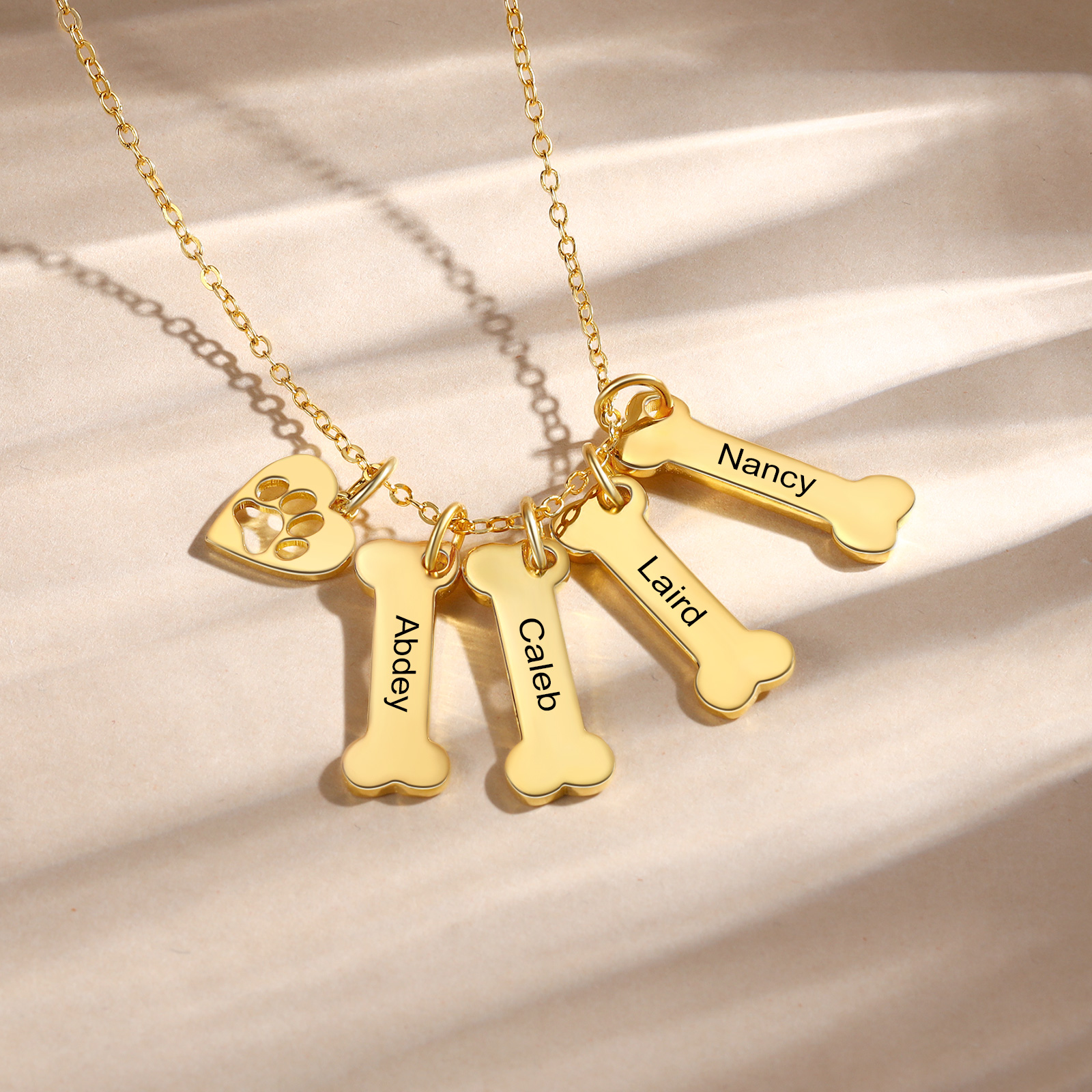4 Names - Personalised Heart and Bones Charm Pendant Necklace, Custom Name Gift for Her