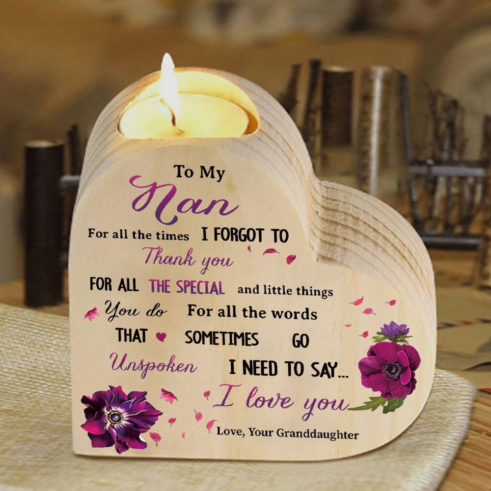 To My Nan Violet Flower Candlesticks-I Need To Say I Love You-Heart Wooden Candle Holder from Granddaughter
