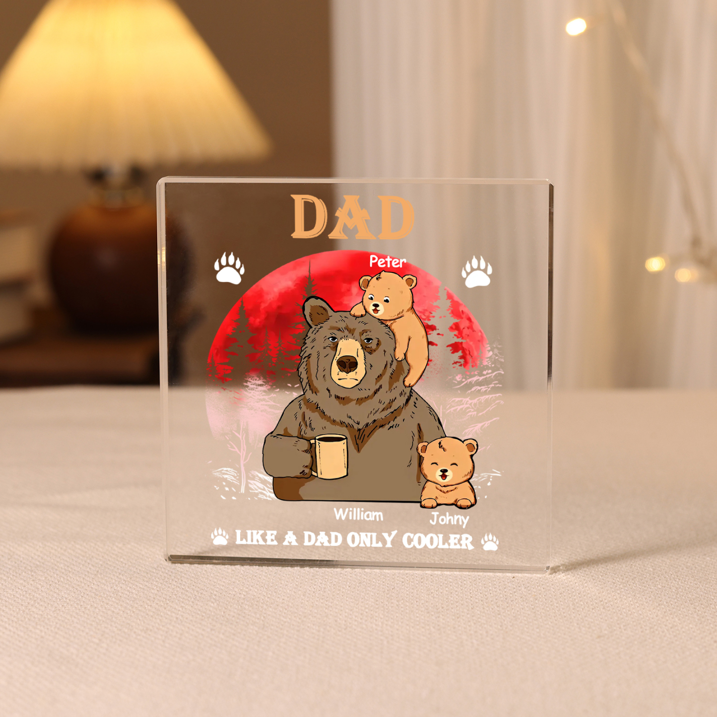 3 Names - Personalised Bear Family Pattern Custom Name Acrylic Square Ornament Father's Day Gift