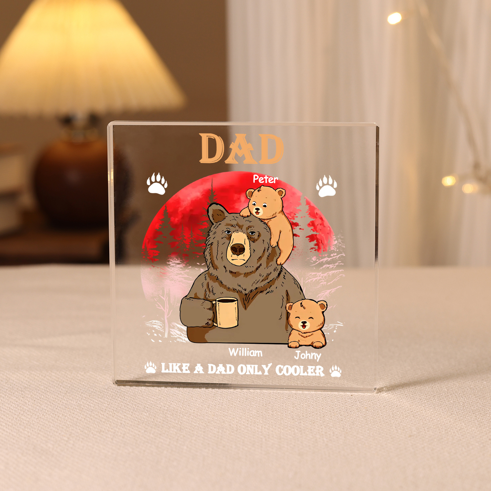 3 Names - Personalised Bear Family Pattern Custom Name Acrylic Square Ornament Father's Day Gift