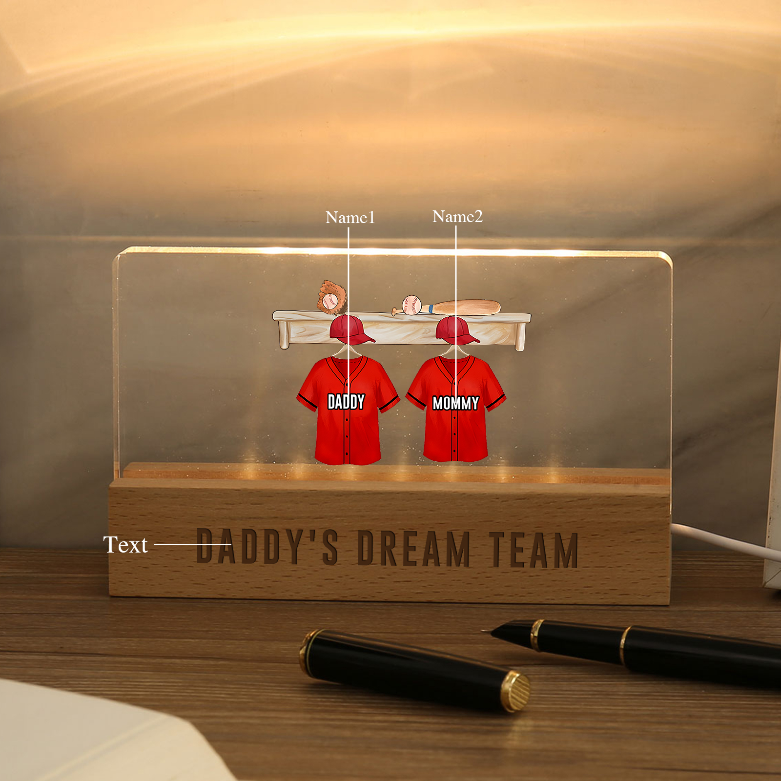 2 Names - Personalised Baseball Jersey Desk Lamp - Dad's Dream Team - Father's Day Gift for Dad