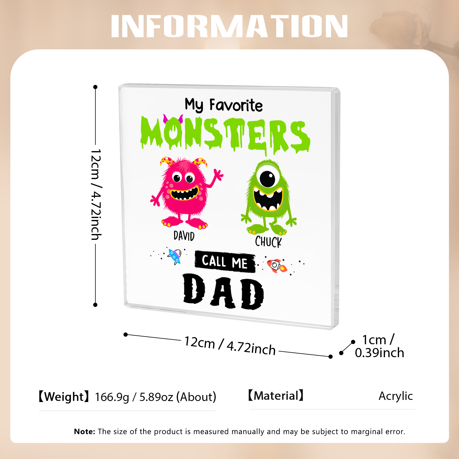 2 Names - Personalised Monster and Shit Style Custom Name Acrylic Ornament Father's Day Gift for Dad