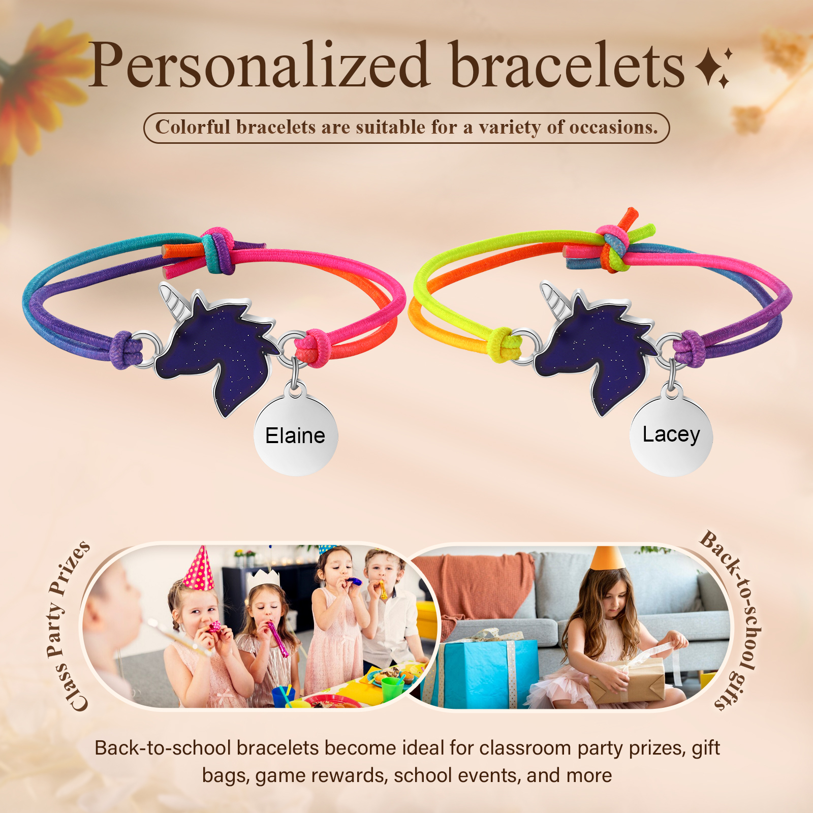 2 PCS Personalised Custom Name Unicorn Elastic Rope Bracelet Back To School Season Children's Gift