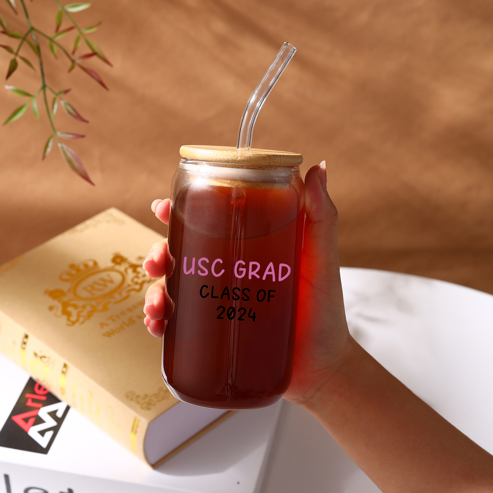 2024 Graduation Gift - Personalised Custom Text, year and Name Glass with Glass Straw