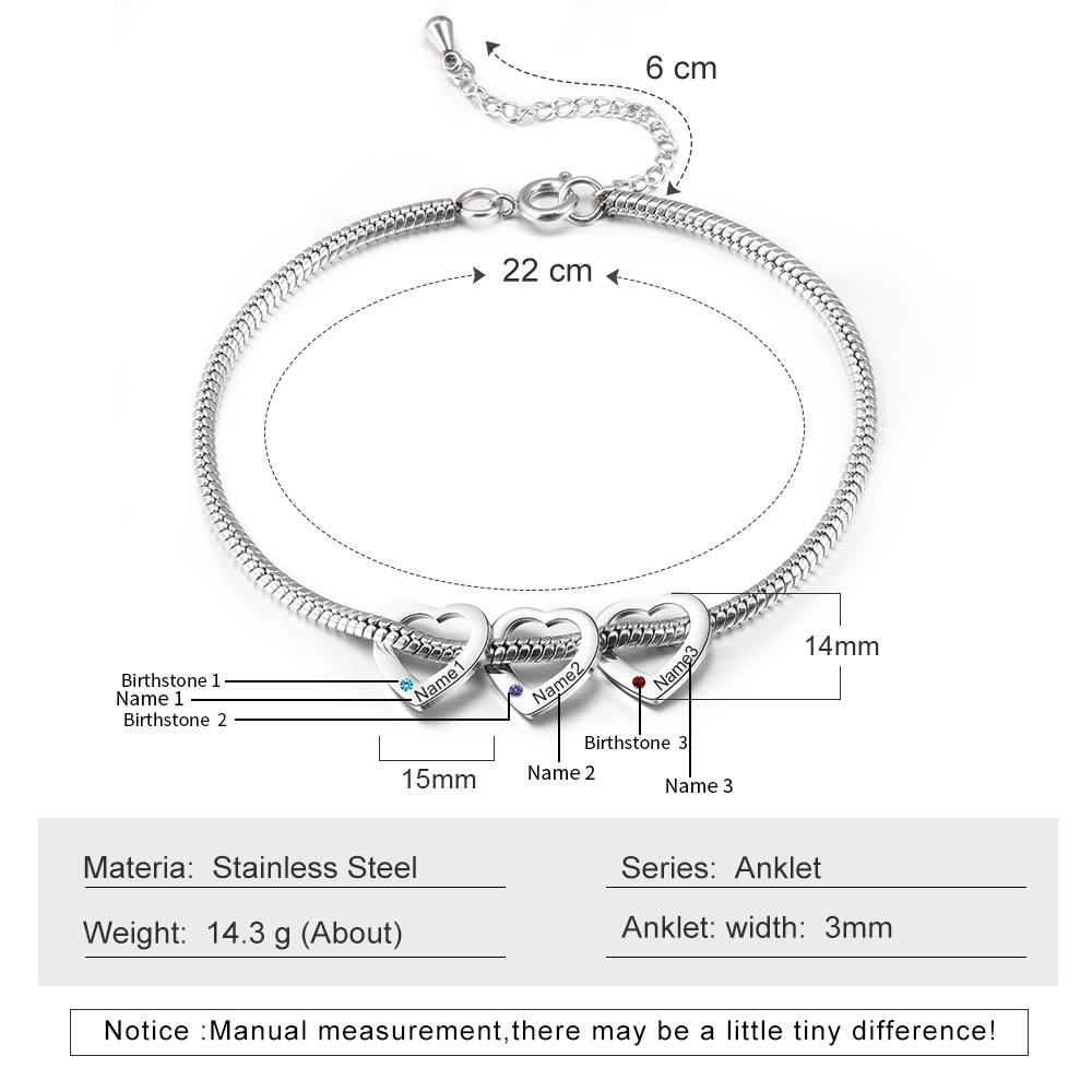 Custom Anklet Engraved 3 Names and Birthstones Heart Shaped Charm Personalised Bracelet for Women