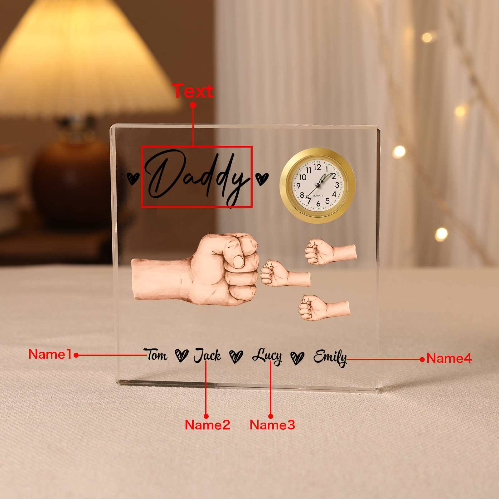 4 Names - Personalised Fist Bump Style Acrylic Clock Ornament Customized Name and Text Acrylic Father's Day Gift for Dad