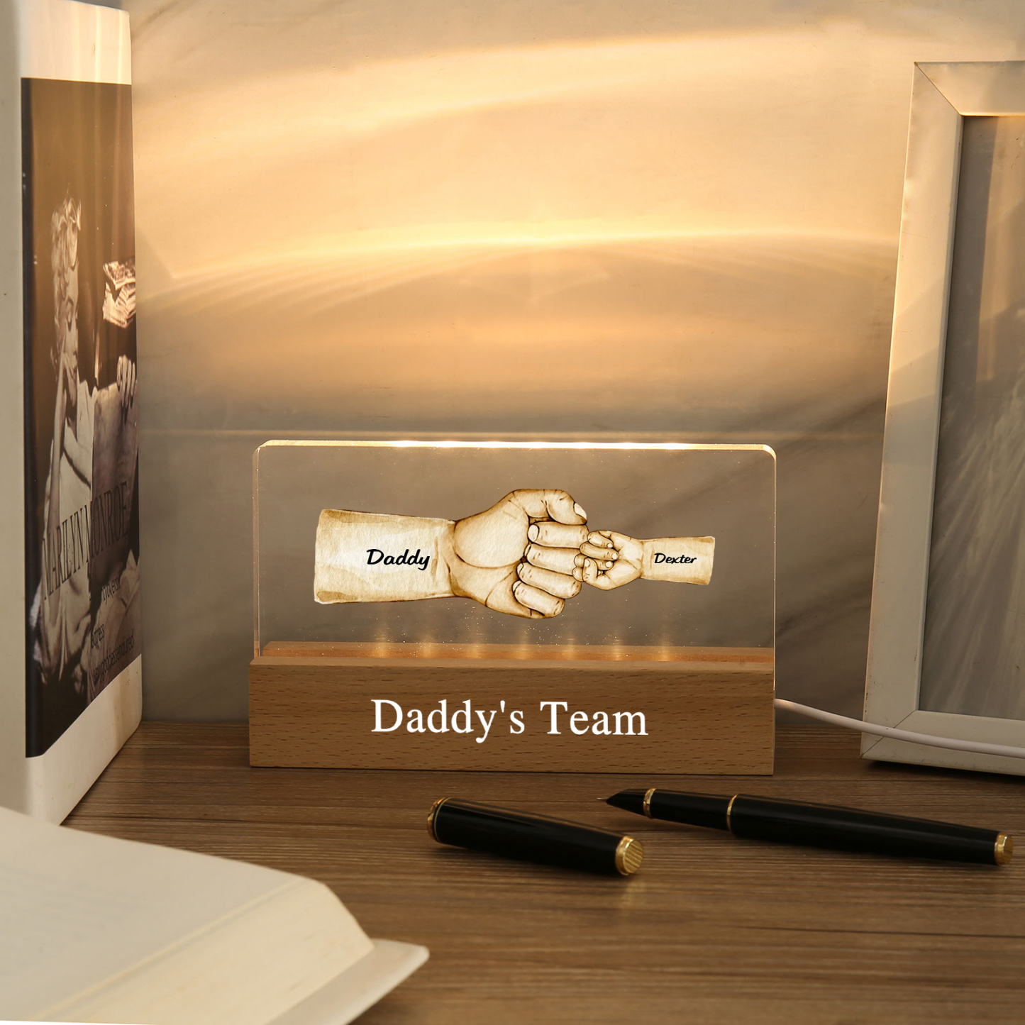 2 Names - Personalised Fist Bump Pattern Table Lamp Customized Text Father's Day Gift for Dad