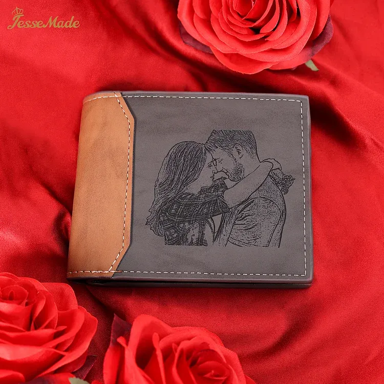 Personalised Name Leather Couple Wallet Engraved Letter And Photo Gift For Him