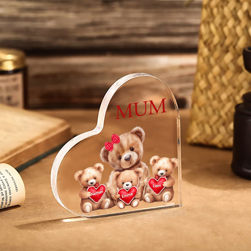 3 Names-Personalised Mum Acrylic Heart Keepsake Custom Text Love Teddy Bear Ornaments Gifts Set With Gift Box for Grandma/Mother