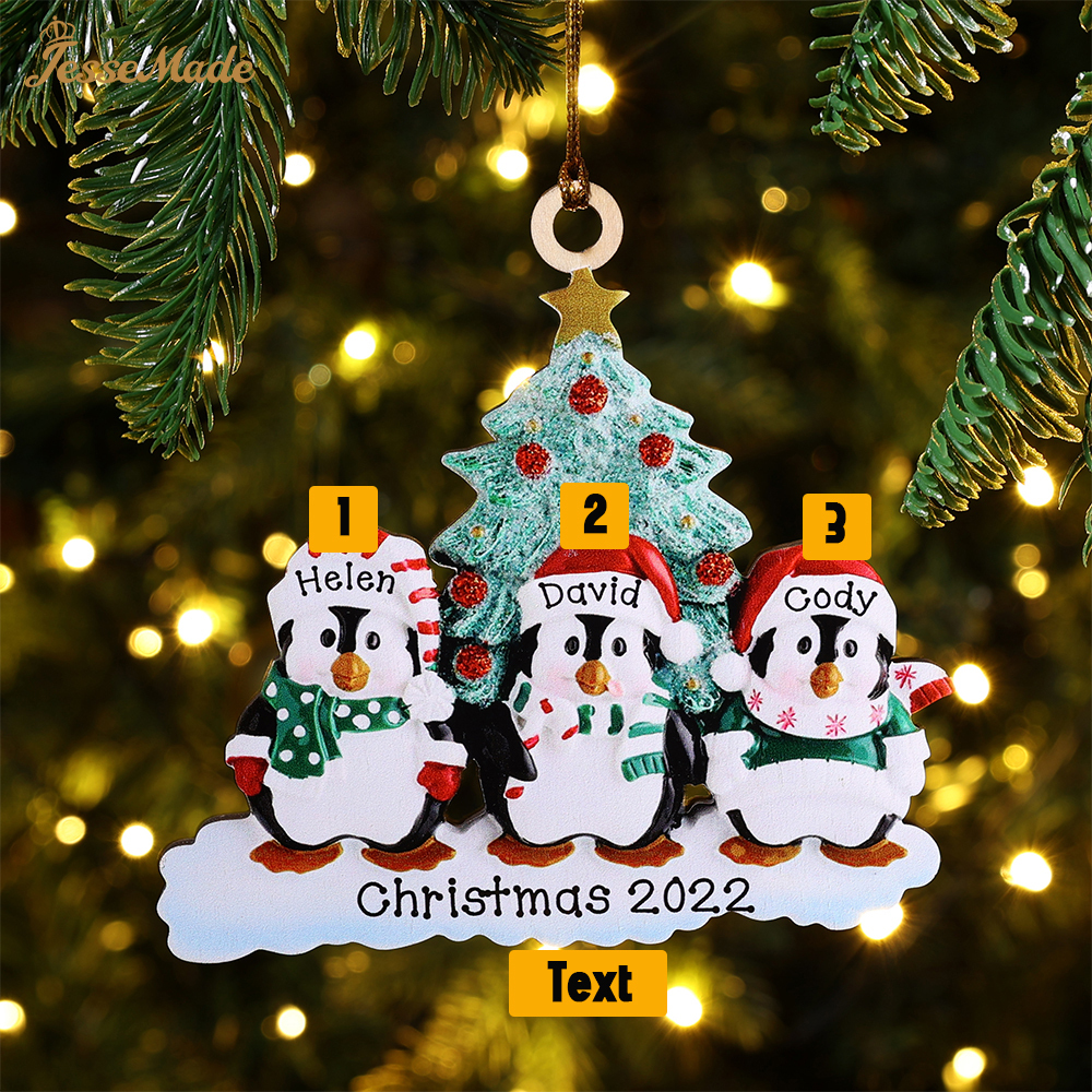 3 Names-Personalised Family Wooden Christmas Ornament-Custom 3 Names Hanging Ornament Gifts For Family-Winter Penguin Family