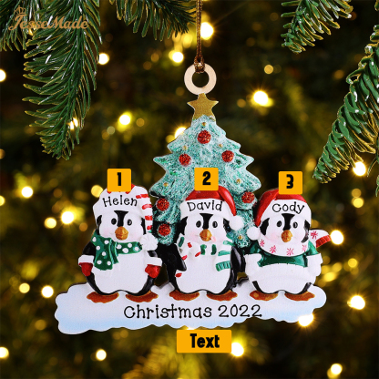 3 Names-Personalised Family Wooden Christmas Ornament-Custom 3 Names Hanging Ornament Gifts For Family-Winter Penguin Family