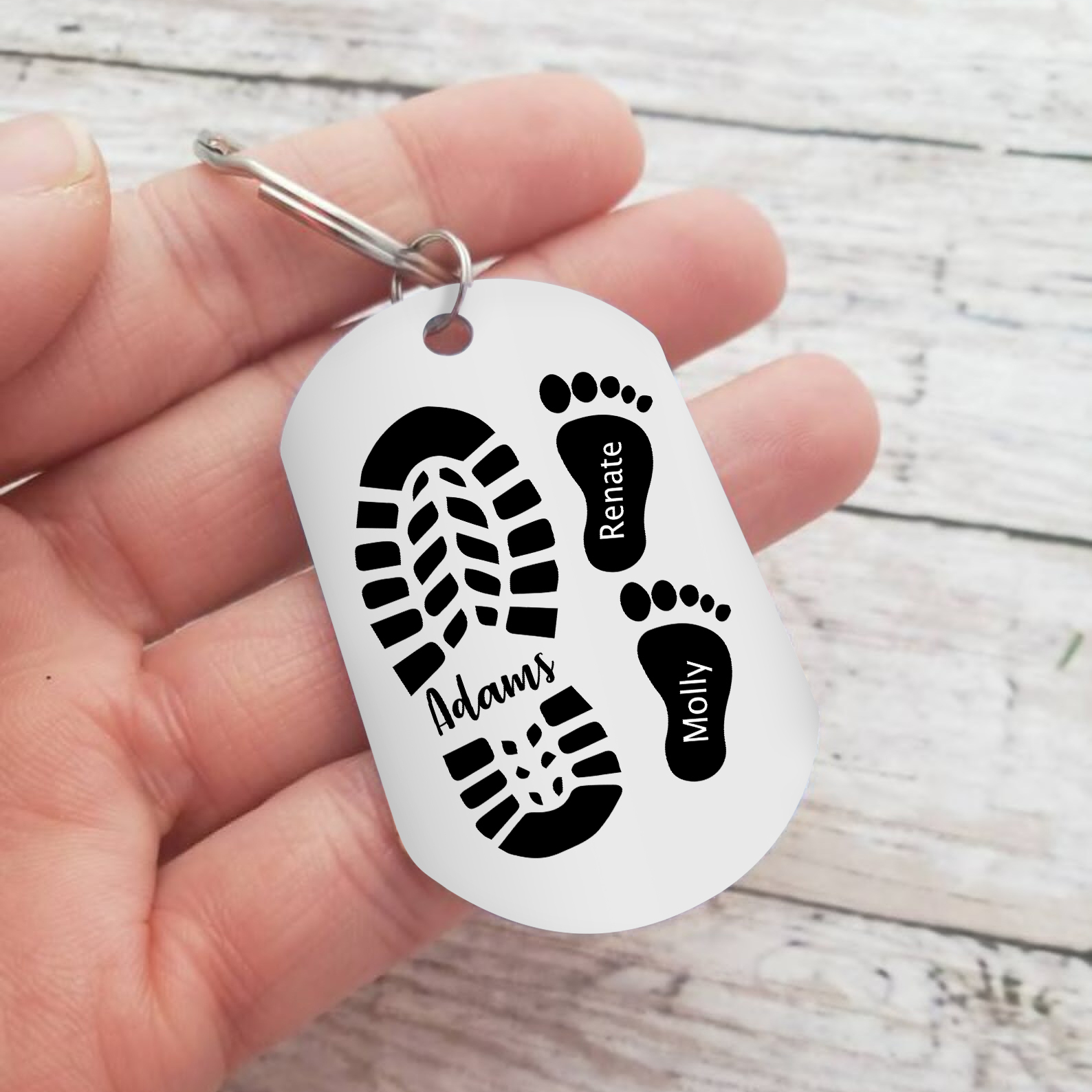 3 Names - Personalised Footprint Pattern Keyring Custom Named Father's Day Gift for Dad