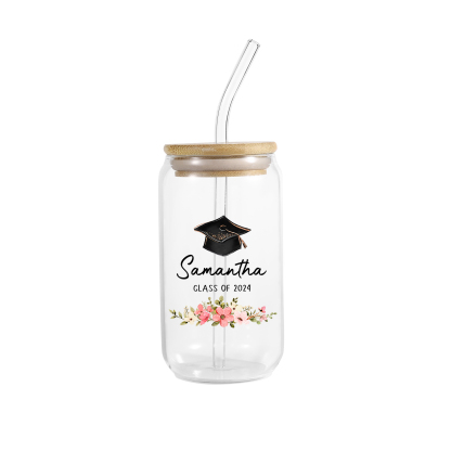 2024 Graduation Gift - Personalised Custom Name and Text Glass with Glass Straw