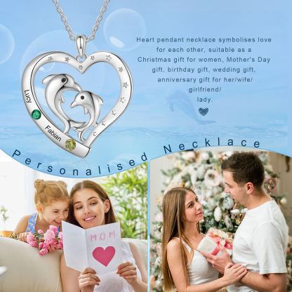 2 Names - Personalised Beautiful Dolphin Heart Necklace with Customized Name and Birthstone Gift for Her