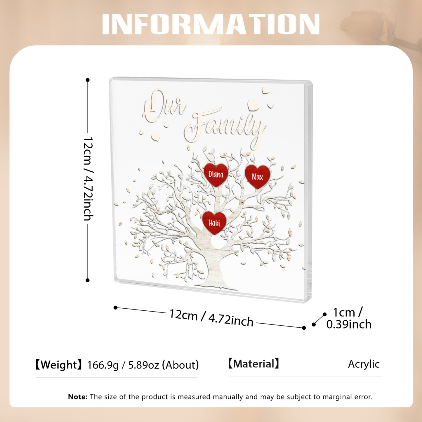 3 Names-Personalised Acrylic Family Tree Keepsake-Custom Text and Names-Acrylic Plaque Home Decoration Gift for Dad/Grandad