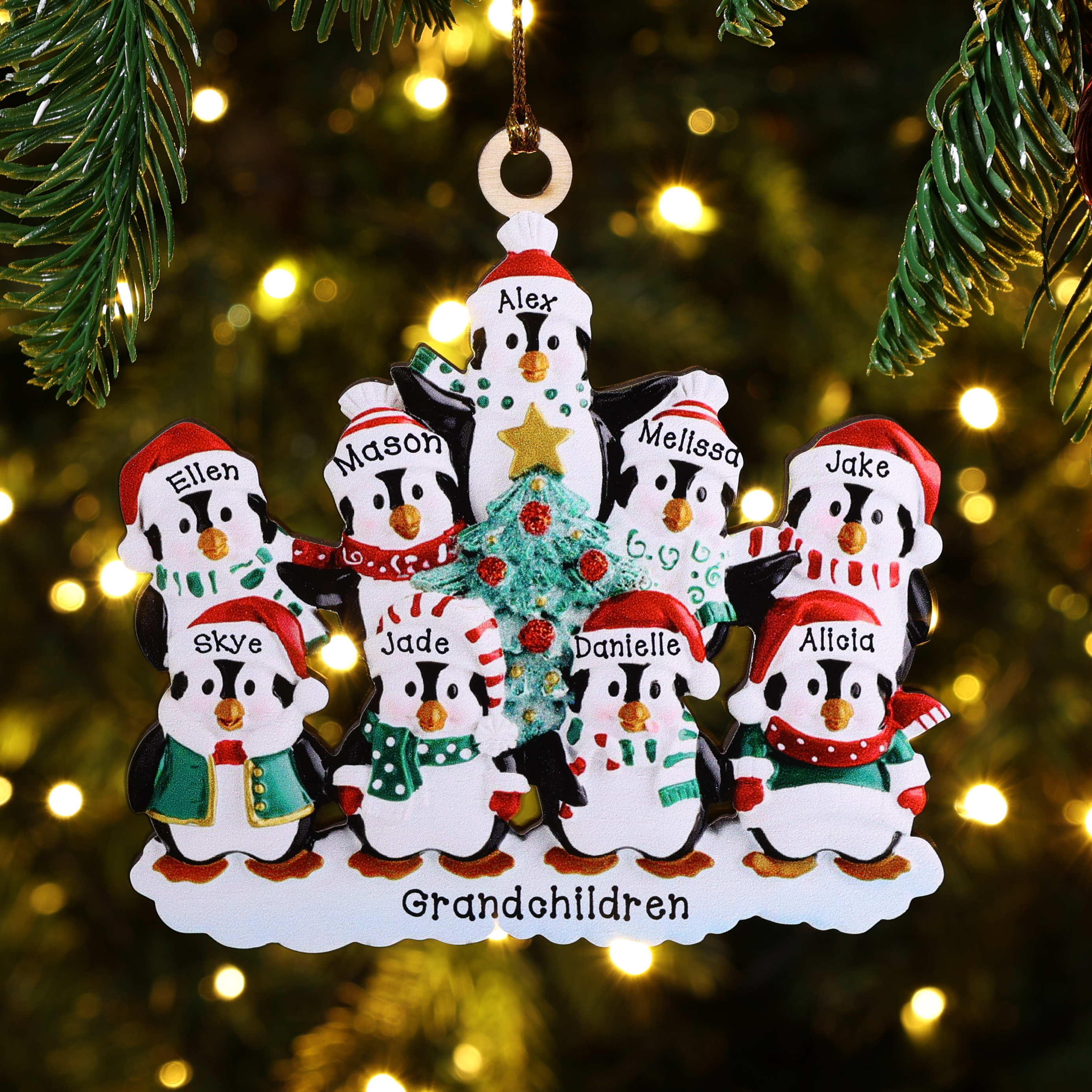 9 Names-Personalized Family Wooden Christmas Ornament-Custom 9 Names Hanging Ornament Gifts For Family-Winter Penguin Family