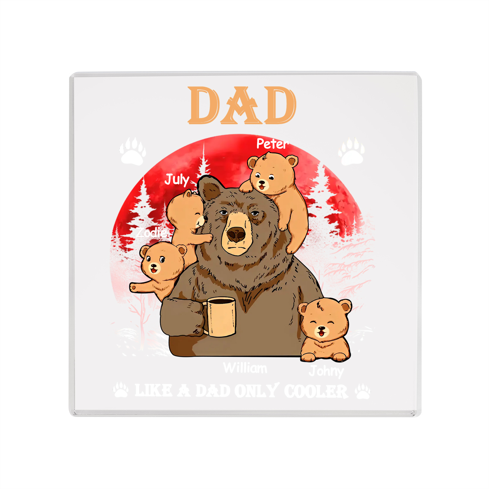 5 Names - Personalised Bear Family Pattern Custom Name Acrylic Square Ornament Father's Day Gift