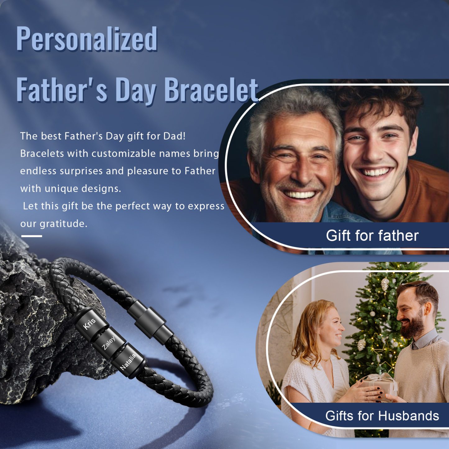 Custom Engraved 3 Names Beads Magnetic Buckle Leather Braided Personalised Mens Bracelet - Gift for Husband Boyfriend