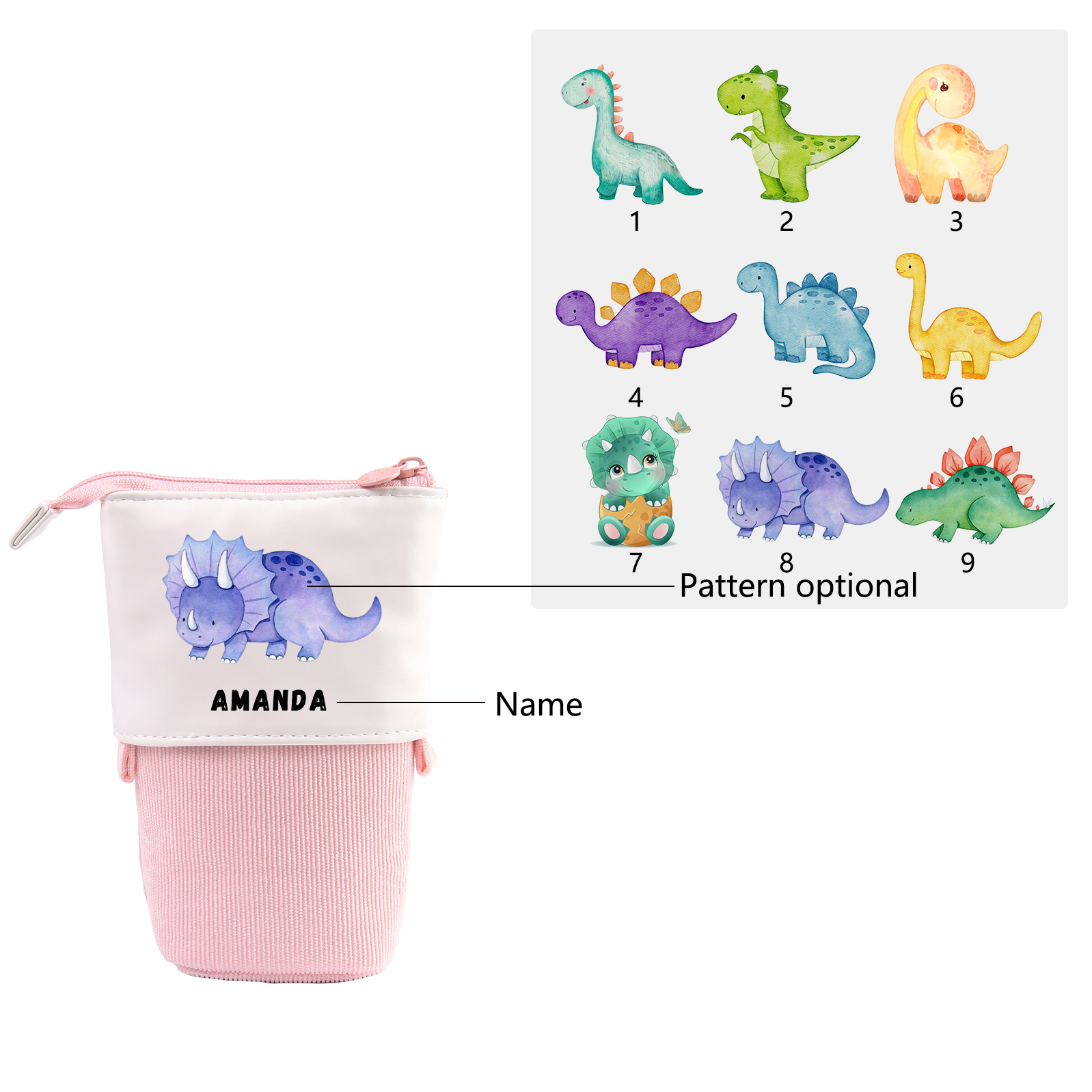Personalised Pencil Case Custom Name & Dinosaur Pattern Pen Pouch Back To School Gift for Boys Girls