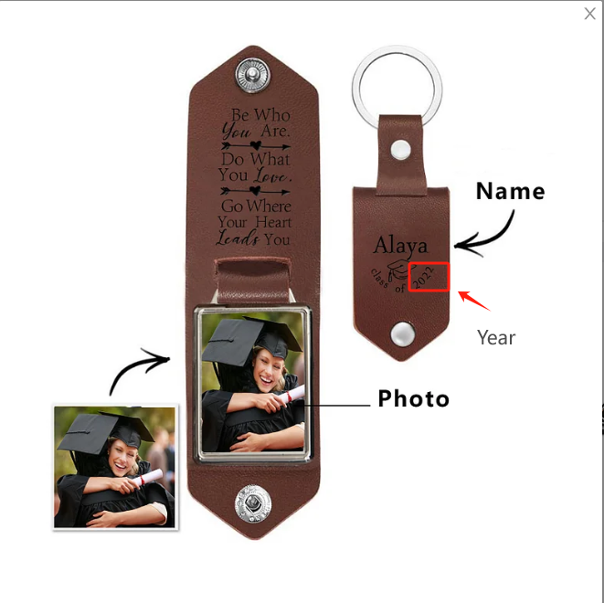 2024 Graduation Gifts - Personalised Name & Year Flip Leather Keyring Customized Photo Keyring Gift for Her/Him