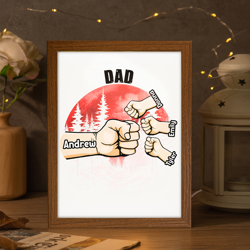 4 Names-Personalised Fist Dad LED Light Wooden Photo Frame -Custom Text & Names, Adjustable 3 Colors