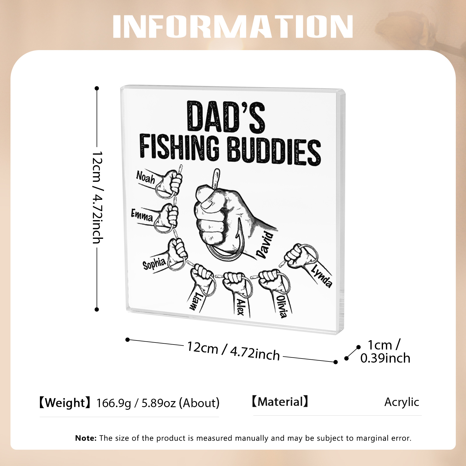 8 Names - Personalised Fishhook Fist Bump Pattern Family Acrylic Keepsake Customized Name Acrylic Home Decor Gift for Dad