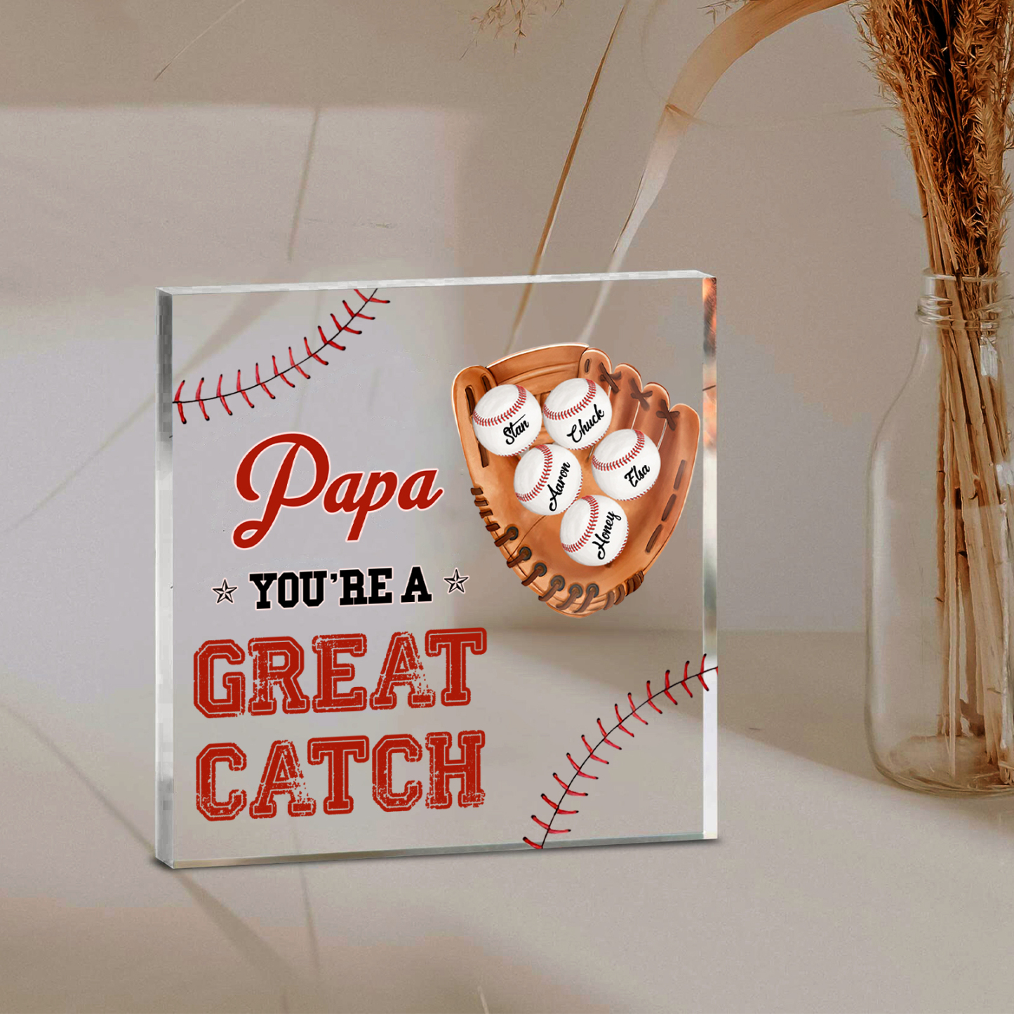 5 Names - Personalised Baseball Acrylic Keepsake Customized Name and Text Acrylic Plaque Ornament Father's Day Gift for Dad