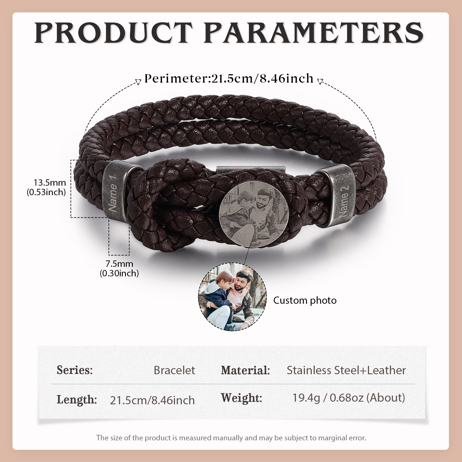 2 Names-Personalised Mens Photo Bracelet Engraved with Names, Custom Special Men's Braided Name Bracelet