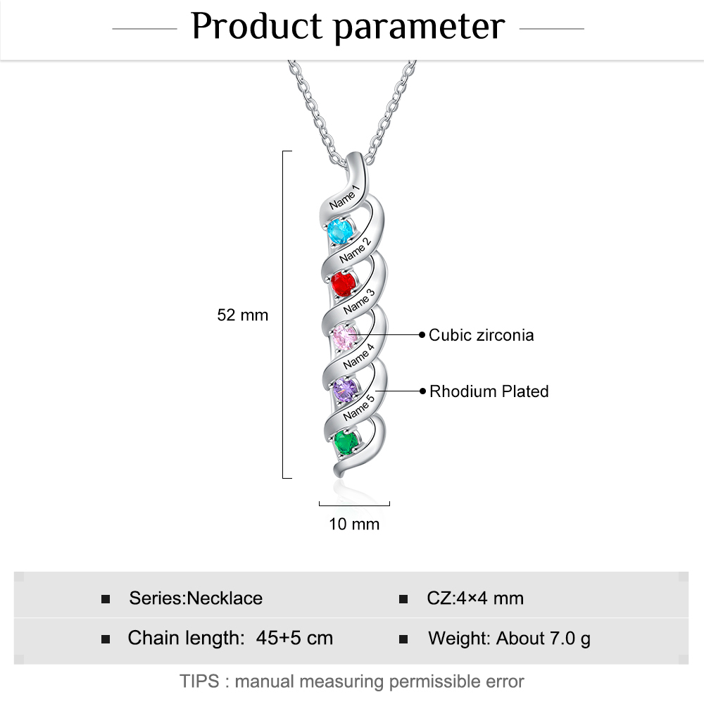 5 Names-Personalised Necklace Cascading Pendant with 5 Birthstones Engraving 5 Names Gifts for Her