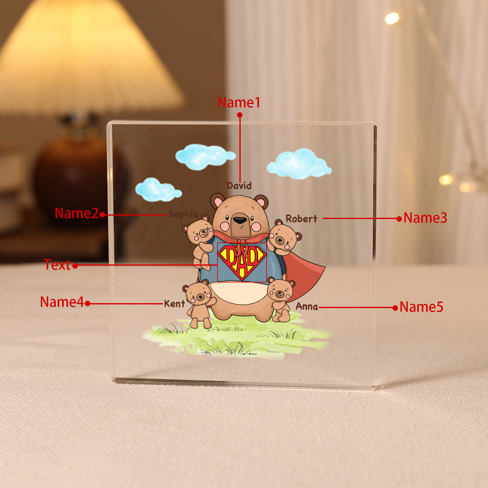 5 Names-Personalised Super Bear Family Acrylic Keepsake-Custom Text and Names-Acrylic Plaque Home Decoration Gift for Dad/Grandad