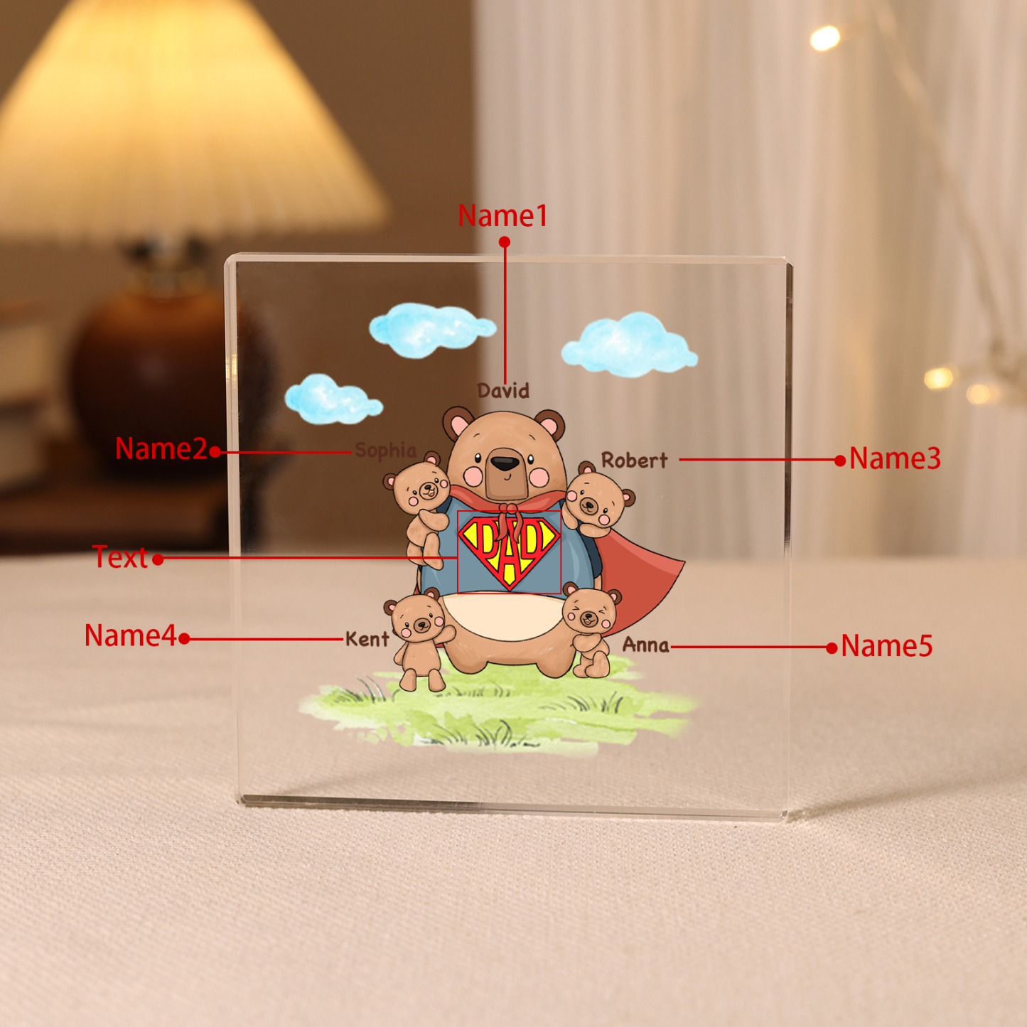 5 Names-Personalised Super Bear Family Acrylic Keepsake-Custom Text and Names-Acrylic Plaque Home Decoration Gift for Dad/Grandad