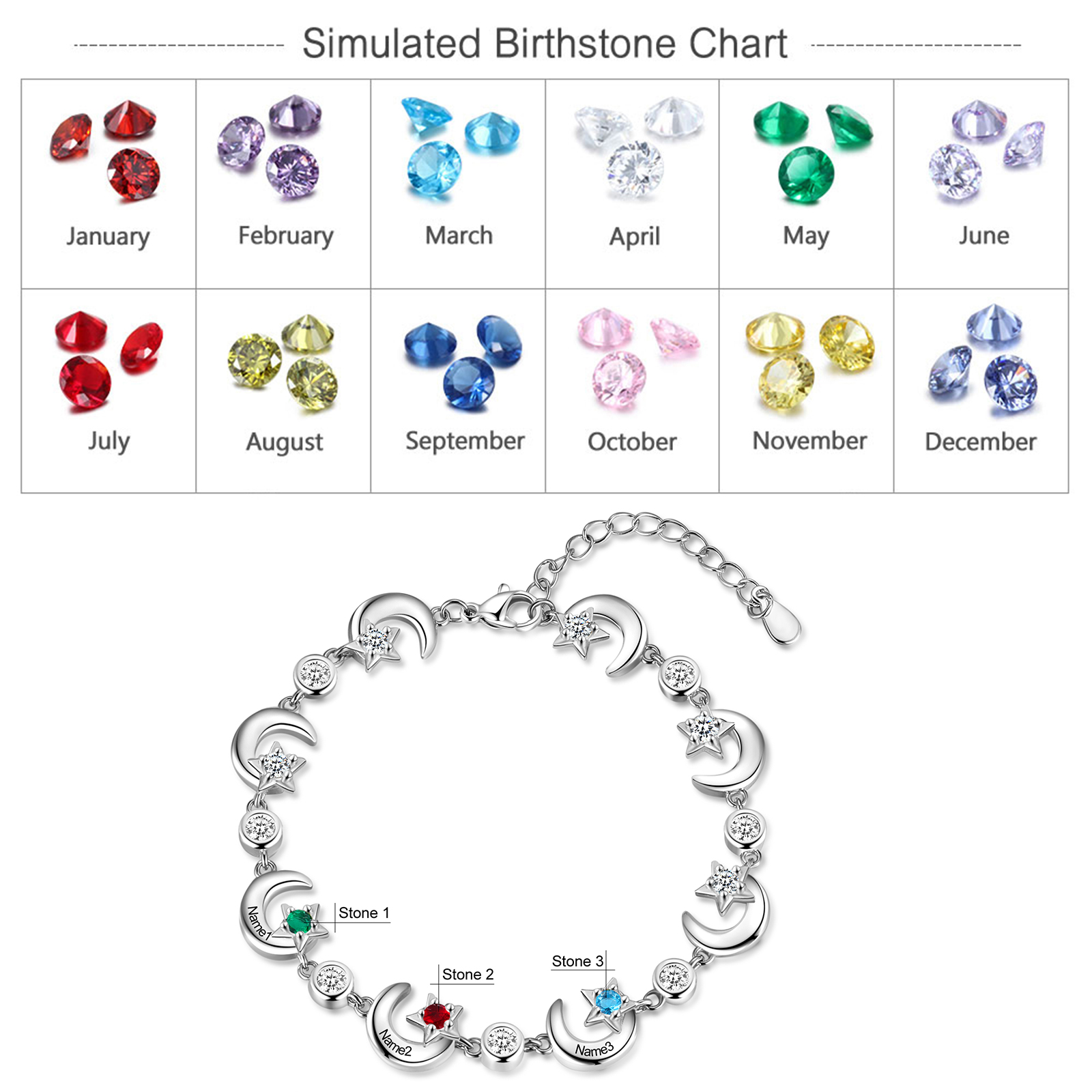3 Names-Personalised Moons And Stars Bracelet With 3 Birthstones Custom Names Bracelet Gift For Women