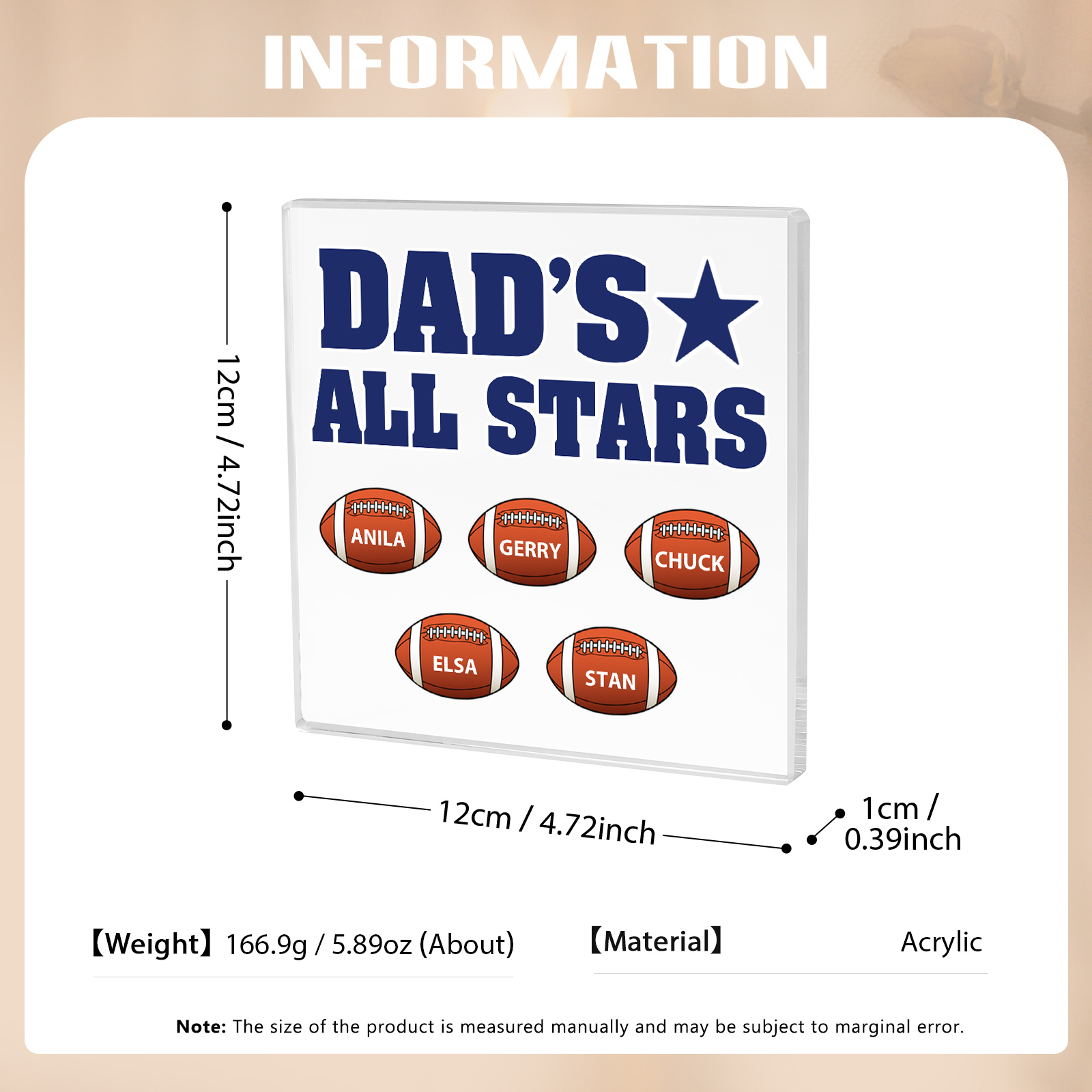 5 Names - Personalised Football Acrylic Keepsake Customized Name Acrylic Plaque Decoration Father's Day Gift for Dad