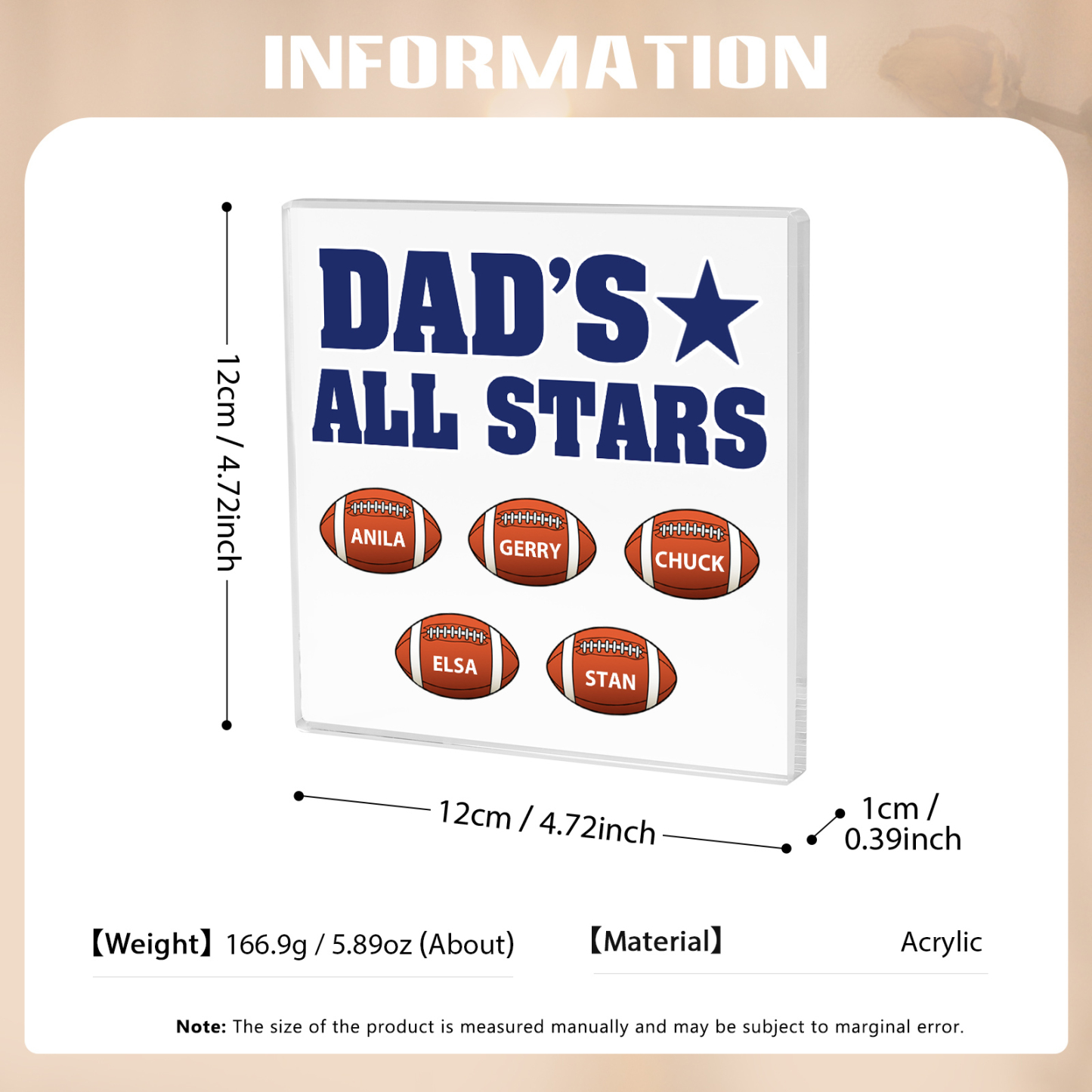 5 Names - Personalised Football Acrylic Keepsake Customized Name Acrylic Plaque Decoration Father's Day Gift for Dad