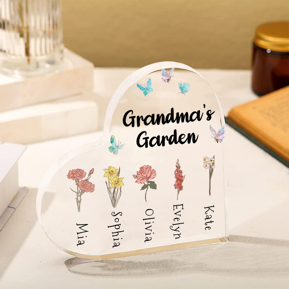 2 Names-Personalised Grandma's Garden Acrylic Customize Birthday Flowers Ornament Gifts-Special Heart Keepsake Desktop Ornament for Grandma