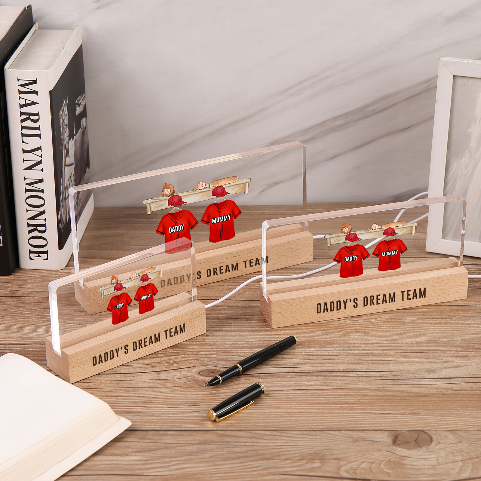 2 Names - Personalised Baseball Jersey Desk Lamp - Dad's Dream Team - Father's Day Gift for Dad