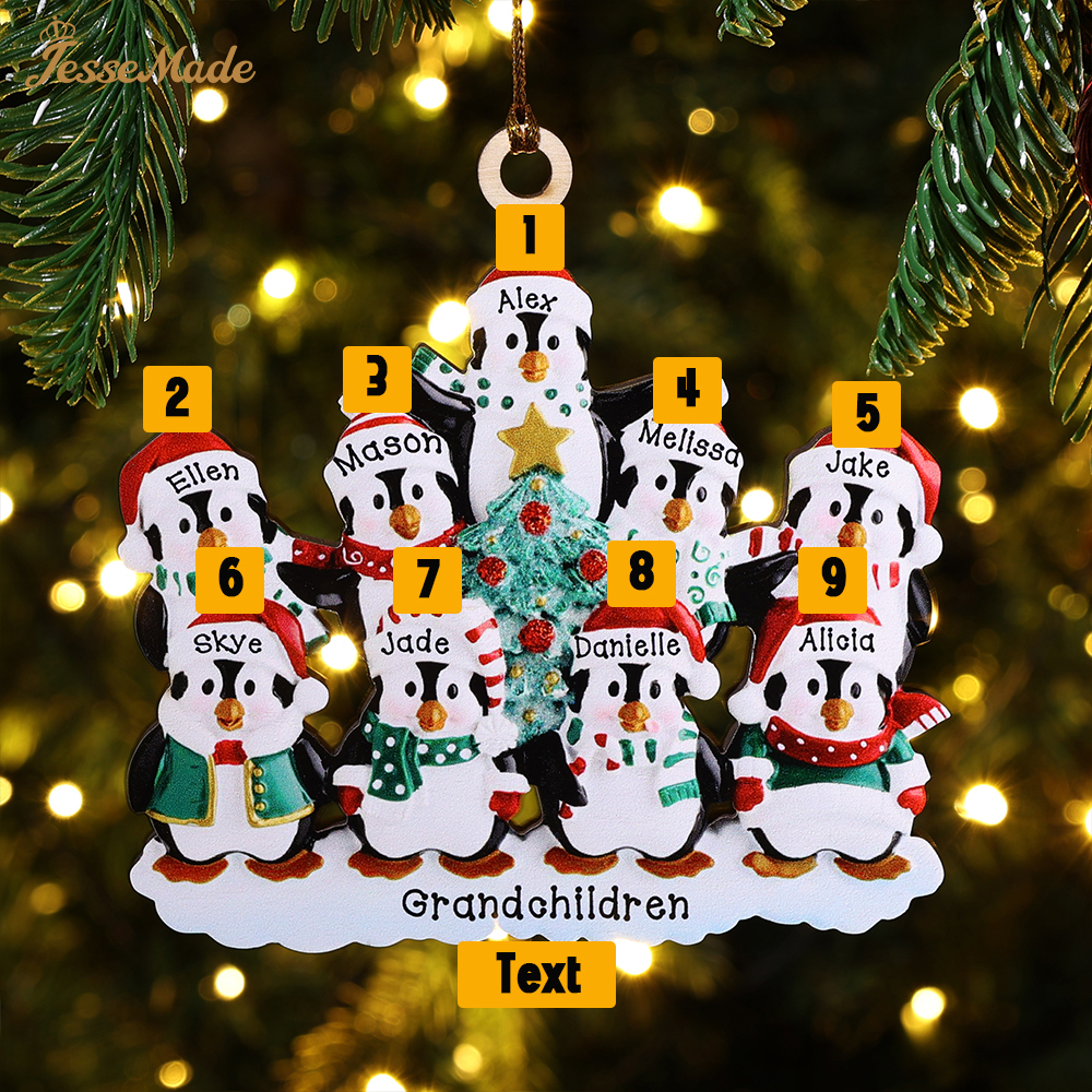 9 Names-Personalized Family Wooden Christmas Ornament-Custom 9 Names Hanging Ornament Gifts For Family-Winter Penguin Family