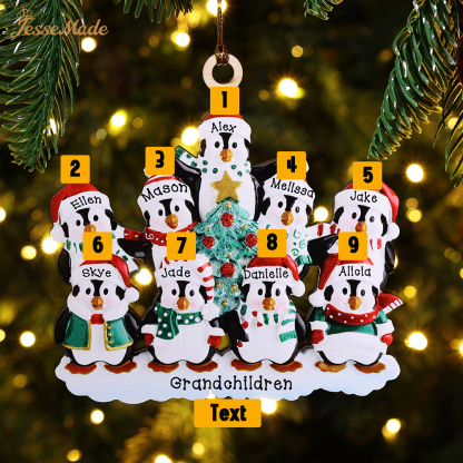 9 Names-Personalized Family Wooden Christmas Ornament-Custom 9 Names Hanging Ornament Gifts For Family-Winter Penguin Family