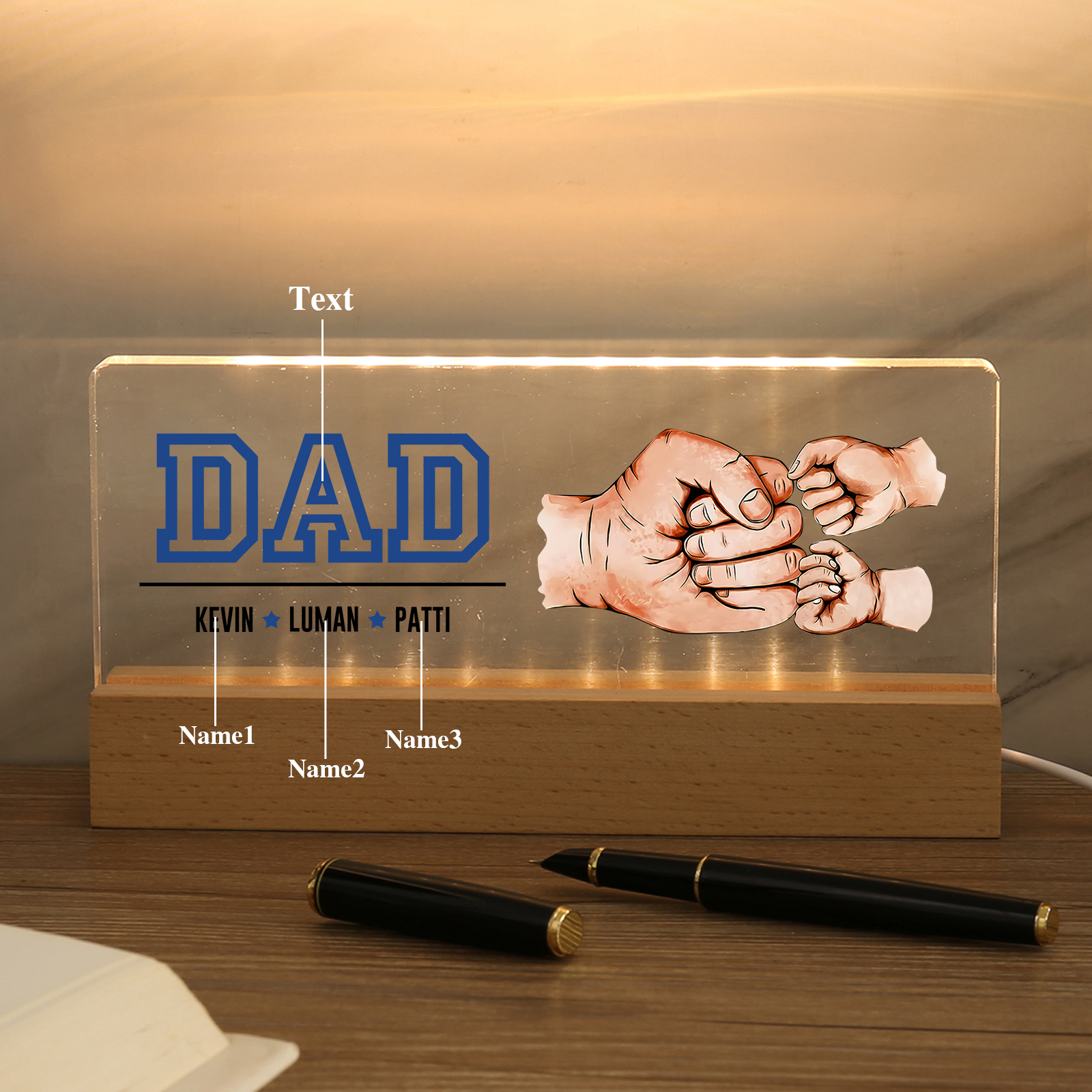 3 Names - Personalised Fist Bump Table Lamp - Dad's Dream Team - Father's Day Gift for Dad