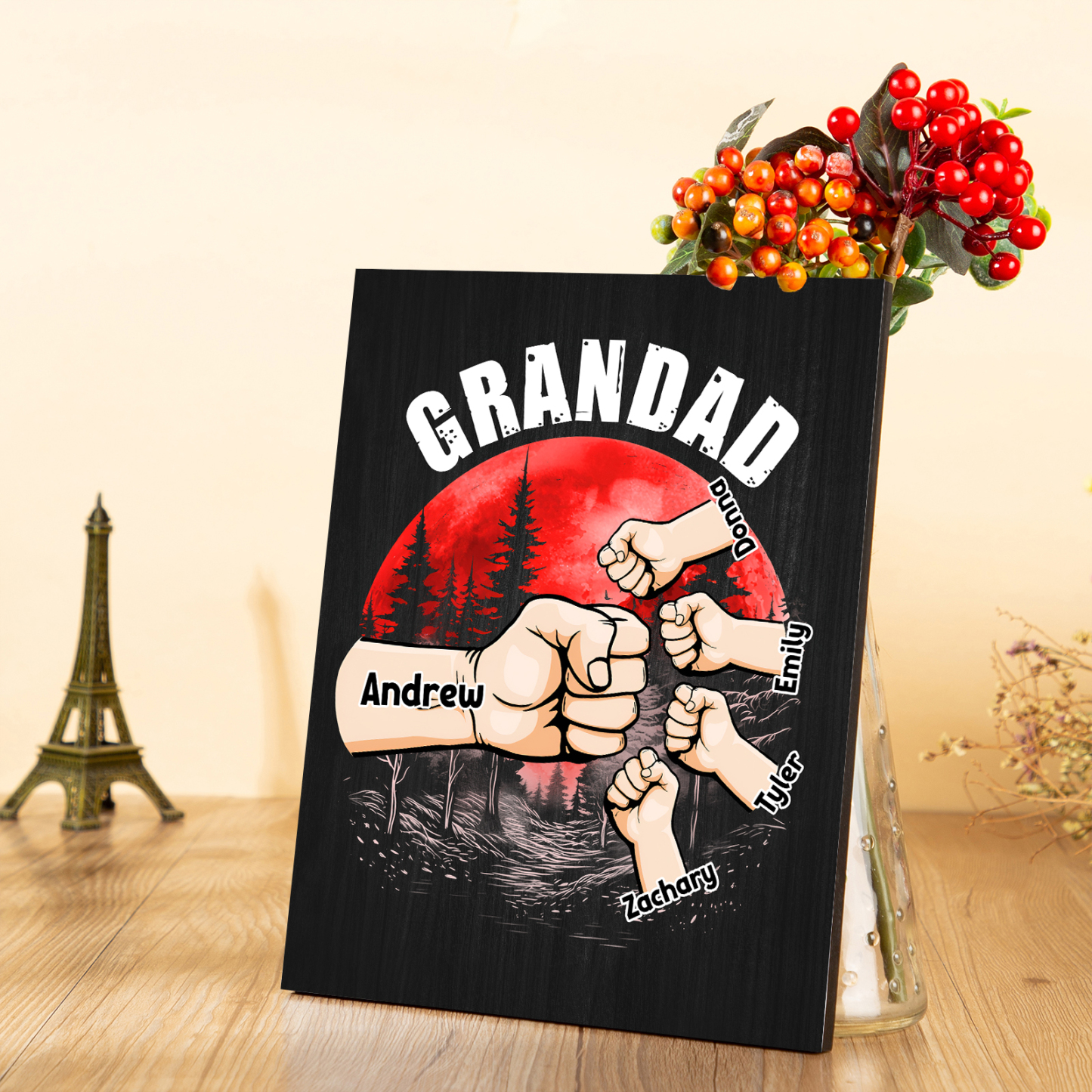 5 Names - Personalised Wooden Ornament Fist Bump Red Forest Style Engraved Name and Text Ornament for Dad