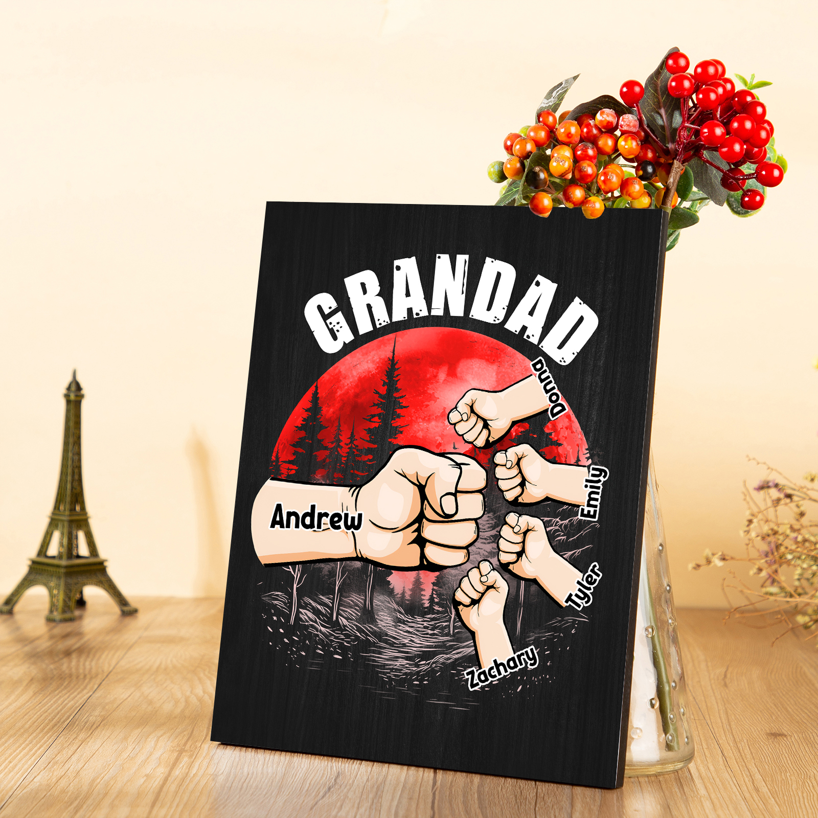 5 Names - Personalised Wooden Ornament Fist Bump Red Forest Style Engraved Name and Text Ornament for Dad