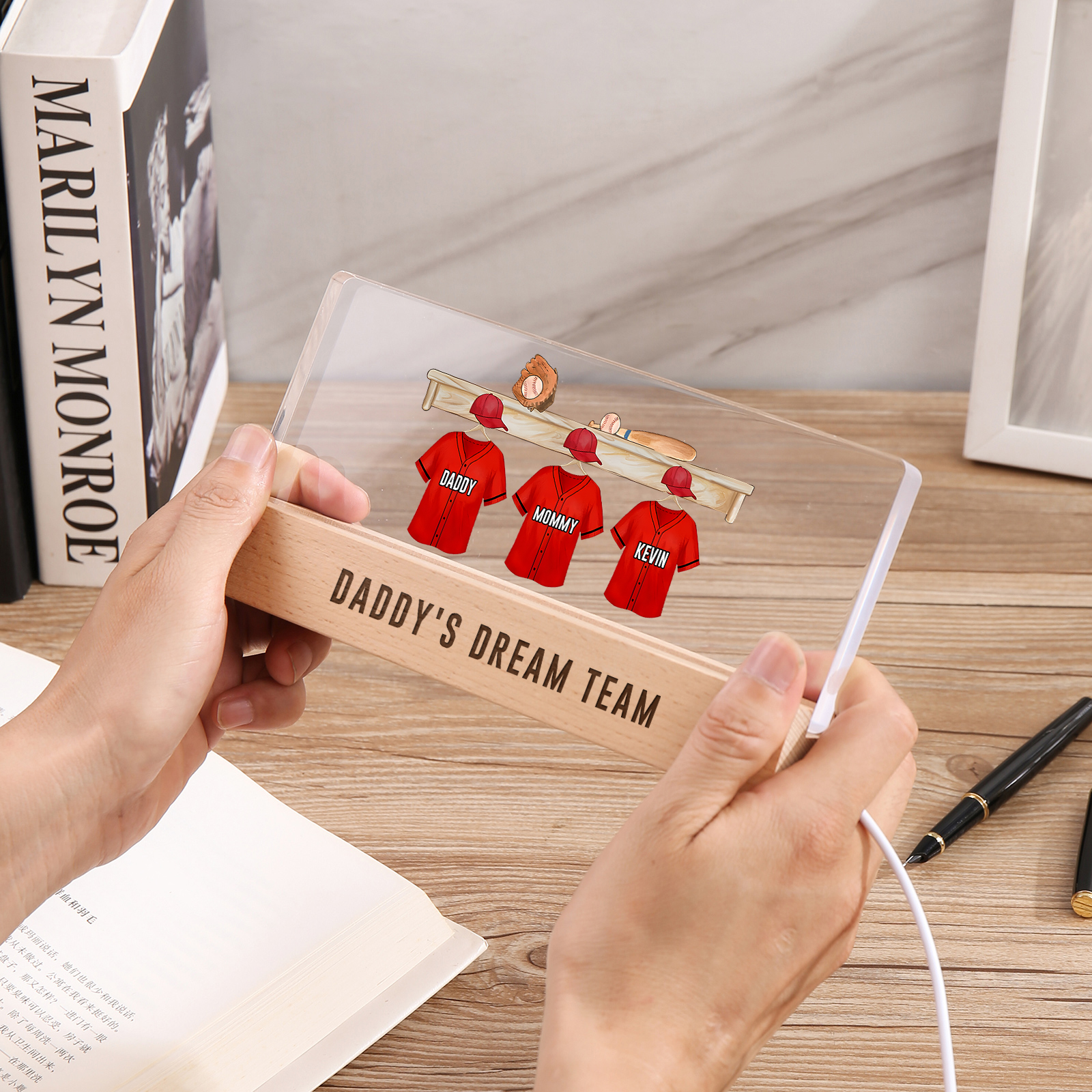 3 Names - Personalised Baseball Jersey Desk Lamp - Dad's Dream Team - Father's Day Gift for Dad