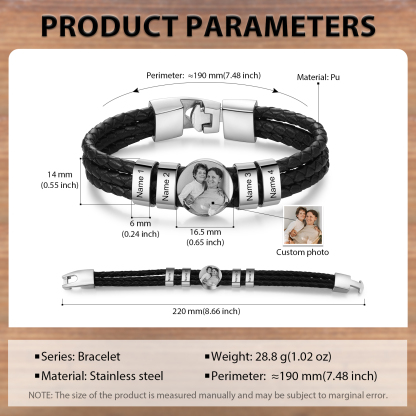 Personalised Braided Leather Bracelet Engraved with 4 Names and Customized 1 Photo Men's Bracelet for Dad