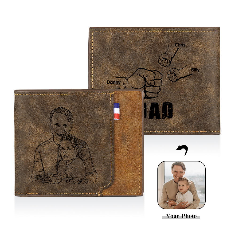 3 Names - Personalised Fist Bump Photo Custom Leather Men's  Wallet as a Father's Day Gift for Dad