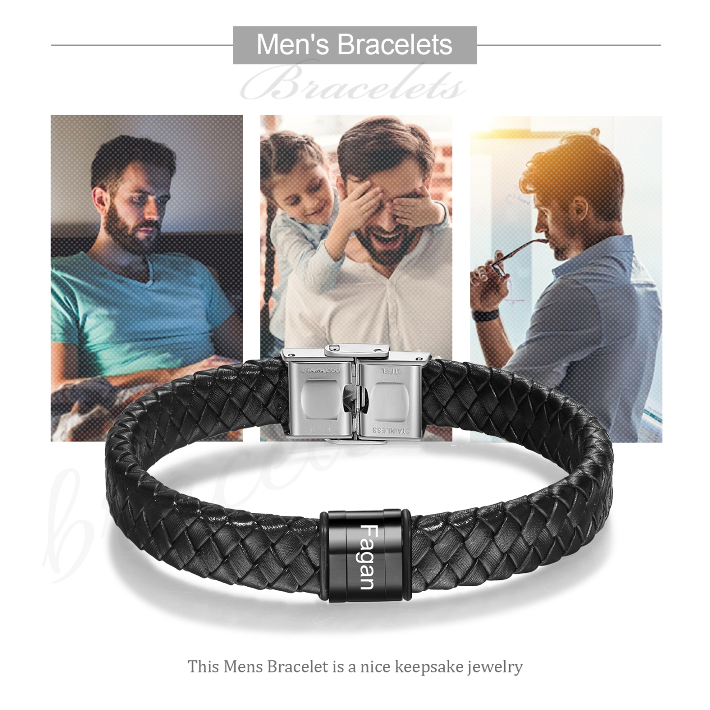 1 Names-Personalised Braided Leather Bracelet Set With Gift Box-Custom Men's Bracelet Engraved 1 Names Gift for Him