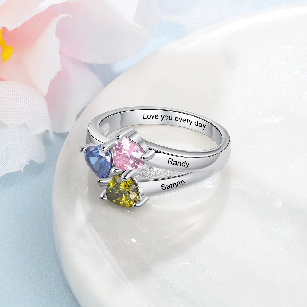 Personalised Heart Birthstone Ring with Engraving 3 Names and 3 Birthstones Ring Gifts For Her | Jessmade