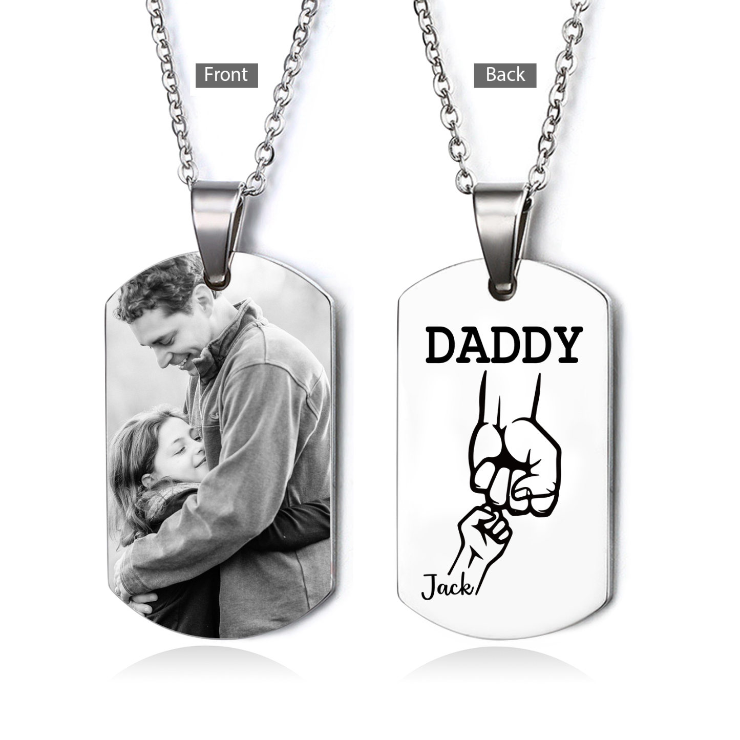 2 Names-Personalised Dad Photo Fist Stainless Steel Necklace-Custom Names and Photo Necklace for Father/Grandad